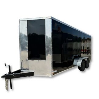 Black enclosed cargo trailer with diamond-plate front, dual axles, and a hitch, pictured on a white background.