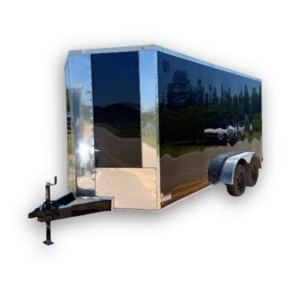 Black enclosed cargo trailer with diamond-plate front, on a dual-axle, hitched for towing.