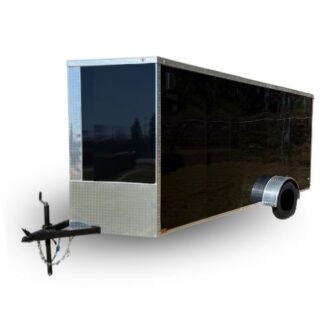 Black enclosed cargo trailer with a silver diamond-plate front, hitch and wheel on the side, viewed from the front-left.