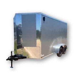 Silver enclosed cargo trailer with dual axles and diamond-plate front, attached to a hitch.