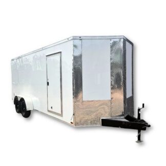 White enclosed cargo trailer with diamond-plate front, tandem wheels, and a hitch