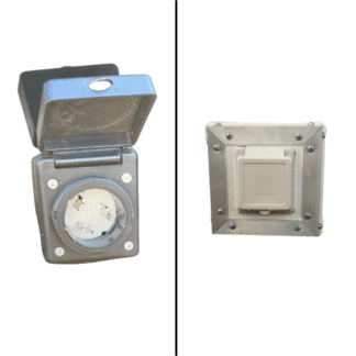 Two different images of a 30amp Motor Base Plug with Twist Lock Cord.