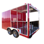 A red enclosed trailer on a white background.