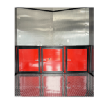 A red and black trailer with two doors.