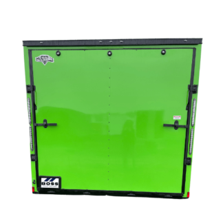 A green enclosed cargo trailer on a white background.
