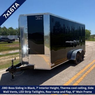Black enclosed cargo trailer with dual axles, diamond-plate front, and rear ramp; 7 ft interior height and ThermaCool ceiling.