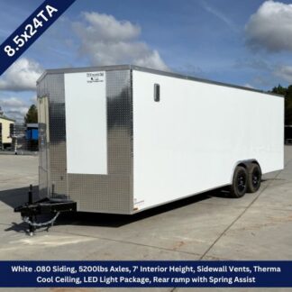 White enclosed cargo trailer with dual axles and diamond-plate front; features include 7' interior height, side vents, LED lights, and a rear ramp.