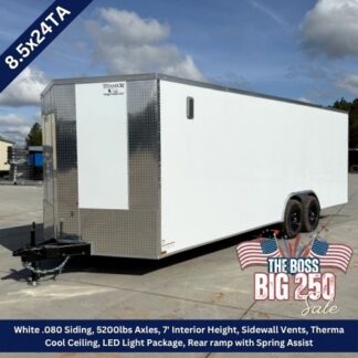 White 8.5x24 tandem-axle enclosed cargo trailer with diamond-plate front, parked on lot under a blue sky; bannered for sale promotion around it