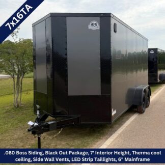 Enclosed black cargo trailer on a street with a front hitch, side vents, and glossy panels (7' interior height; ThermaCool ceiling).