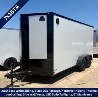White enclosed cargo trailer with black accents and tandem axles, hitch at the front; 7x16TA size.