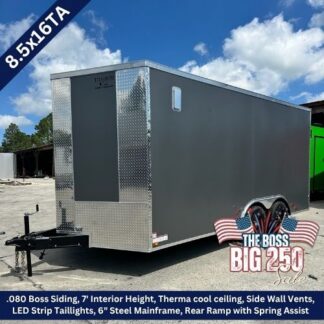 Gray enclosed cargo trailer with diamond-plate front on a gravel lot; 8.5x16TA with a rear ramp, 7' interior height, LED taillights, and a sale graphic (The Boss Big 250) visible in the corner.