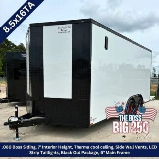 White cargo trailer with black front panel parked on a lot; sale graphic 'The Boss Big 250 Sale' with an American flag graphic.