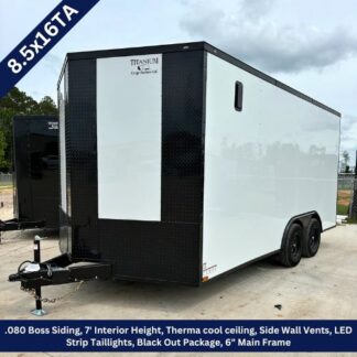 Two-axle enclosed cargo trailer, white sides with black front, 8.5x16TA, tongue hitch visible; features include 7' interior height, ThermaCool ceiling, side wall vents, LED taillights, black-out package.