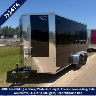 Enclosed black trailer with dual axles, chrome diamond-plate front, 7' interior height, and LED taillights (advertises .080 Boss Siding).