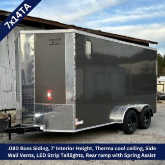 Enclosed gray cargo trailer with diamond-plate front, dual axles, and rear ramp with spring assist (7x14TA).