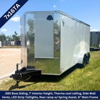 Enclosed silver cargo trailer with dual axles, front hitch, and diamond plate hardware; appears new and unused.