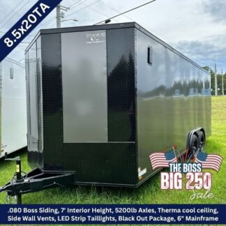 Black enclosed cargo trailer for sale, 8.5x20TA, 7 ft interior, 5200 lb axles, LED taillights, side vents.