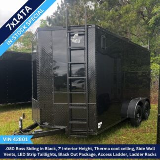 Black 7x14 inclined trailer with diamond-plate front, ladder on the nose, dual axles, parked on grass; features include black Boss Siding, 7' interior height, LED taillights, access ladder, and ladder racks (in-stock special).