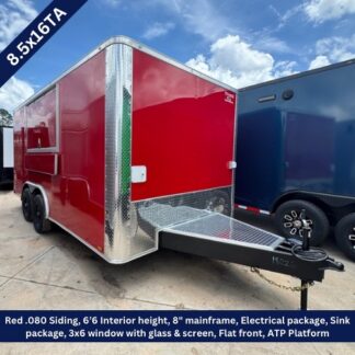 Red enclosed cargo trailer with diamond-plate front and extended hitch; features include 6'6" interior, dual axles, 3x6 window with glass, electrical and sink packages.