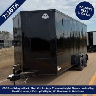 Black enclosed two-axle trailer with dual wheels, on a dirt lot; highlights include 7' interior height and LED taillights (rear spoiler noted).