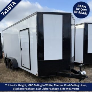 7x16TA enclosed cargo trailer with white siding, black diamond-plate front, side entry door, dual axles, and a hitch