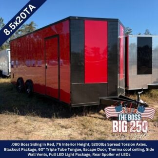 Red enclosed trailer with black front/trim, two-axle setup, side entry door, on a dirt lot (for sale).