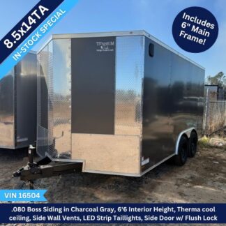 8.5x14-foot enclosed cargo trailer with diamond-plate front, tandem axles, parked on dirt lot for sale