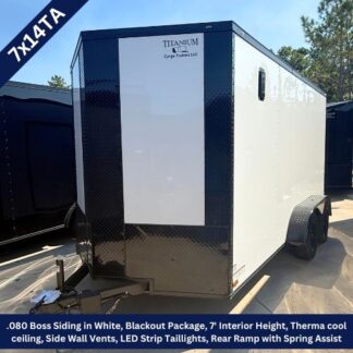 White 7x14 enclosed cargo trailer with black front diamond plate and dual axles, parked outdoors.