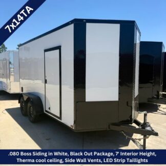 Enclosed white cargo trailer with black trim and side door, parked on a lot under a clear blue sky.