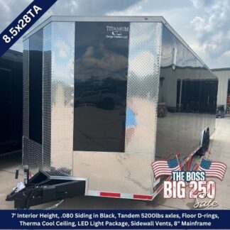 Enclosed tandem-axle cargo trailer with diamond-plate sides and a black center panel, at a dealership; promo text reads 'The Boss Big 250 sale'.