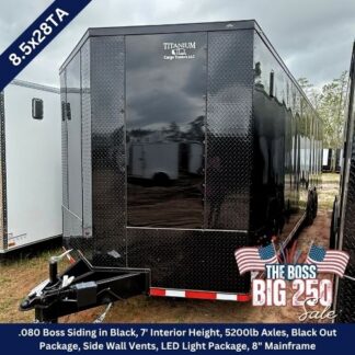 Black enclosed cargo trailer with diamond-plate front, hitch at the tongue, shown on a dirt lot, labeled 8.5x28TA at corner.