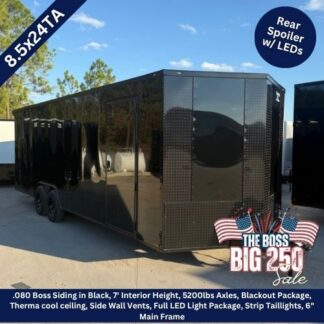 Black enclosed cargo trailer with tandem axles parked on a lot; features LED rear lighting and a rear spoiler as part of The Boss Big 250 Sale.