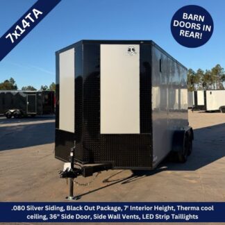 Enclosed utility trailer with black exterior, silver panels, and a front hitch in a parking lot; features barn doors in the rear and a blue sky above.