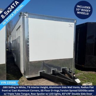 Enclosed aluminum trailer with diamond-plate trim and a black hitch; in-stock special banner and note that it includes 10" bogey wheels.