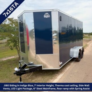 Enclosed 7x16TA cargo trailer in indigo blue with diamond-plate front, hitch, and tandem axles.
