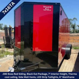 Enclosed black and red cargo trailer with diamond-plate front, single axle, Titanium branding; image includes specs: 7' interior height, ThermaCool ceiling, side wall vents, LED taillights.