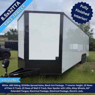 8.5x32 Triple Axle White Enclosed Race Trailer with Blackout Package VIN 551967